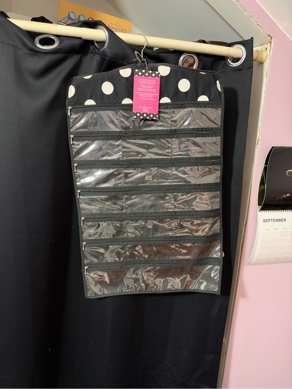 Polka Dot Black Hanging Jewelry Organizer with Clear Zip Pockets